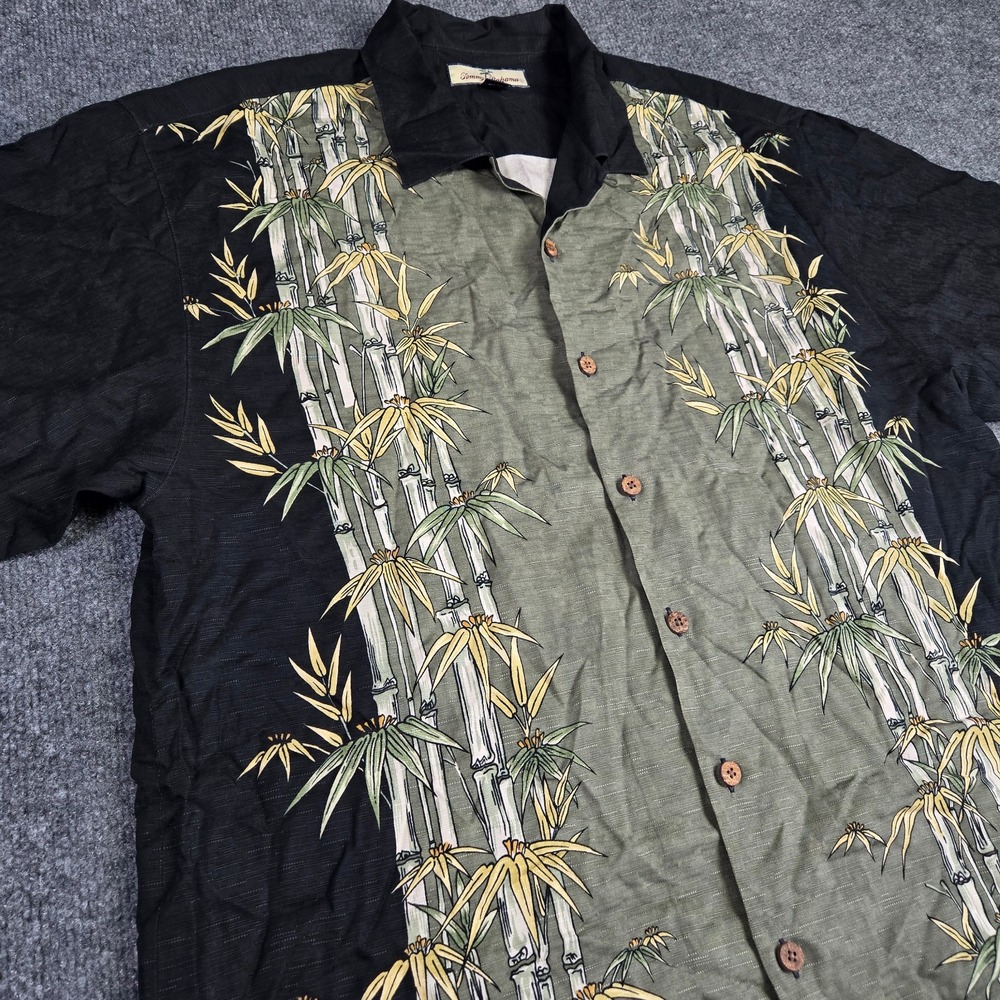Tommy Bahama L Black Mens 100% Silk Camp Shirt Bamboo Hawaiian Aloha Button Up